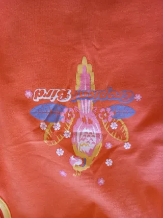 Vestido menina laranja com estampado tropical bird