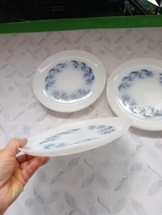 Set di sette piatti piani in ceramica blu e bianco