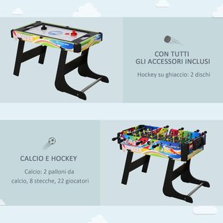 Mesa de Juego 4 en 1 para Futbolín, Billar, Air Hockey y Ping Pong con Accesorios Incluidos, Mesa Multijuego Plegable en MDF y Plástico, Multicolor