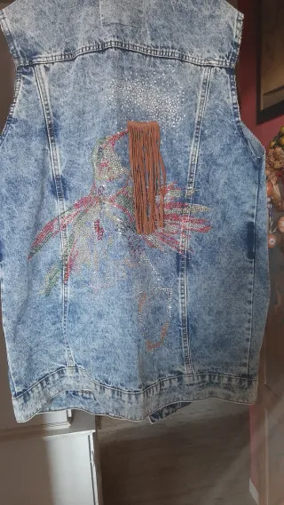 Gilet jeans lungo con strass