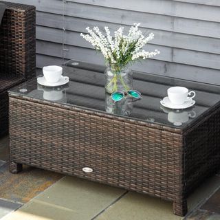 Mesa de Jardín de Vidrio Templado 5Mm Rectangular Exterior Rattan 85 X 50 X 39 Cm Marrón