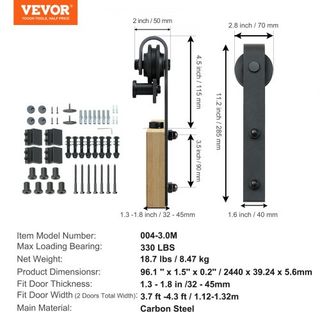Kit de Hardware para Puerta de Granero Deslizante de 243.8 cm, Kit de Pista de Puerta Doble de 149.7 kg, se Ajusta a un Ancho Total de 112-131 cm y Paneles de 3.3-4.6 cm de Grosor, con Polea Suave...