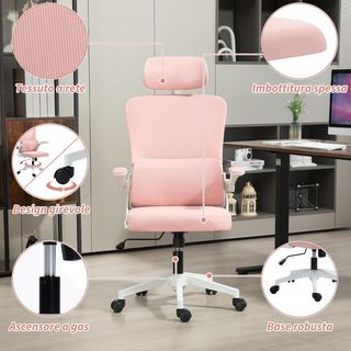 Silla de Oficina Ergonómica Con Soporte Lumbar, Reposabrazos Plegables, Reposacabezas Regulable, Silla Giratoria Inclinable Con Respaldo Alto, Altura Regulable en Malla, Rosa
