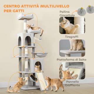 Grattatoio per Gatti Alto 177 Cm, Albero per Gatti Multilivello Con 5 Pali, 2 Casette, 2 Lettini, 2 Amache, 2 Pompon, Piattaforma, Scala, Torre, in Peluche, Grigio Chiaro