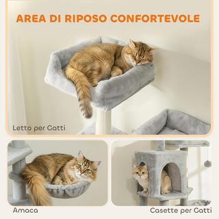 Grattatoio per Gatti Alto 177 Cm, Albero per Gatti Multilivello Con 5 Pali, 2 Casette, 2 Lettini, 2 Amache, 2 Pompon, Piattaforma, Scala, Torre, in Peluche, Grigio Chiaro