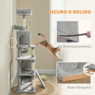 Grattatoio per Gatti Alto 177 Cm, Albero per Gatti Multilivello Con 5 Pali, 2 Casette, 2 Lettini, 2 Amache, 2 Pompon, Piattaforma, Scala, Torre, in Peluche, Grigio Chiaro