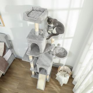 Grattatoio per Gatti Alto 177 Cm, Albero per Gatti Multilivello Con 5 Pali, 2 Casette, 2 Lettini, 2 Amache, 2 Pompon, Piattaforma, Scala, Torre, in Peluche, Grigio Chiaro