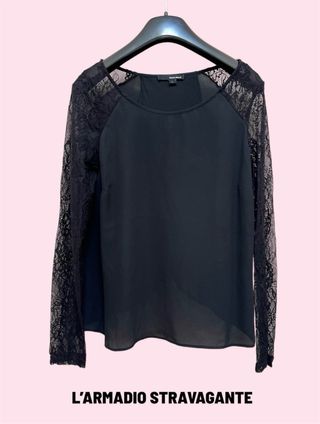 Top manica lunga pizzo nero drappo volant tg L