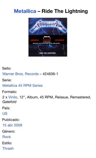 Metallica🇺🇸 Ride the Lightning Vinilo