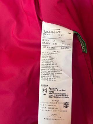 Chaqueta Benetton acolchada rosa