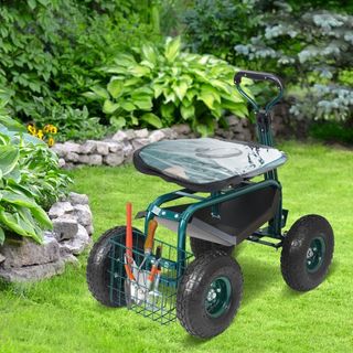 Carrello da Giardino con Ruote e Sedile Girevole, Sgabello da Giardinaggio per Piantare, Sedile Girevole a 360 Gradi, Carrello con Manico e Vassoio per Utensili, Ideale per...