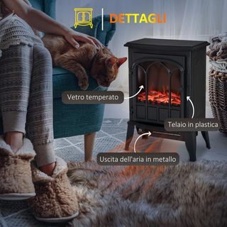Estufa Eléctrica de Pie Potencia 1000W / 2000W Con Efecto Llama Brillo Regulable, Chimenea Eléctrica Con Temperatura Regulable y Protección Contra Sobrecalentamiento, 39X23X56.5Cm, Negro