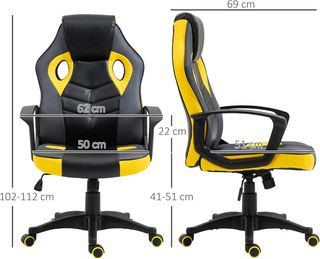 Silla Gaming Ergonómica, Silla de Oficina Giratoria con Ruedas en Similpiel Negra y Amarilla, Altura Ajustable