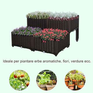 Set di 4 Vasi Autoirriganti Elevabili per Esterno, Letto da Giardino Effetto Rattan per Fiori, Marrone