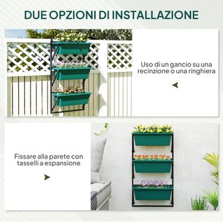 Fioriera verticale a 3 livelli, 3 vasi per piante da esterno in plastica con fori di drenaggio, supporto per appendere fiori ed erbe aromatiche, 56X42X100 cm, verde