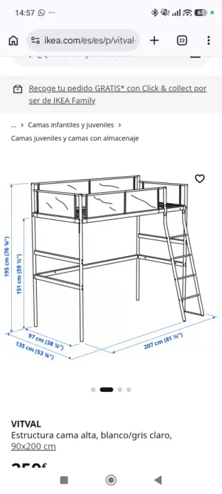 Cama alta modelo Vitval marca  Ikea.