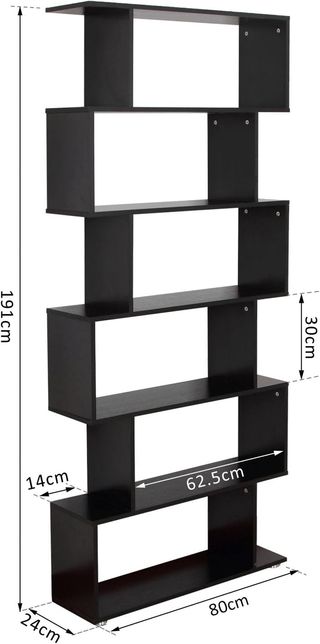 Libreria Design da Parete, Libreria a Parete Nera, 6 Ripiani Scomponibili, Struttura a Zig-Zag, Moderna, Resistente, in Legno, per Soggiorno e Ufficio, 80X24X191Cm, Nero