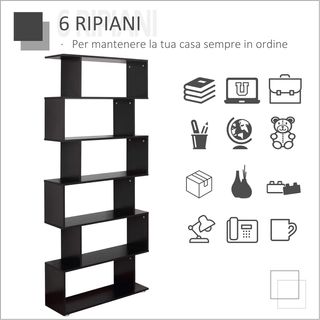Libreria Design da Parete, Libreria a Parete Nera, 6 Ripiani Scomponibili, Struttura a Zig-Zag, Moderna, Resistente, in Legno, per Soggiorno e Ufficio, 80X24X191Cm, Nero