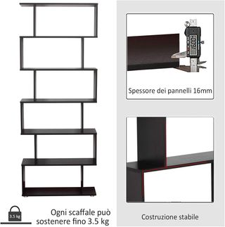 Libreria Design da Parete, Libreria a Parete Nera, 6 Ripiani Scomponibili, Struttura a Zig-Zag, Moderna, Resistente, in Legno, per Soggiorno e Ufficio, 80X24X191Cm, Nero