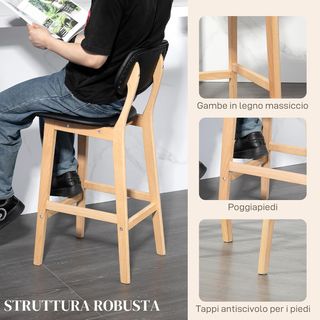 Set di 2 alti sgabelli da bar con schienale e rivestimento in similpelle, sgabelli da cucina con piedini in legno e poggiapiedi, 42X47X92Cm, Nero