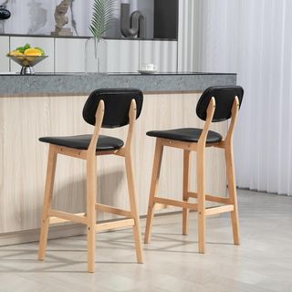 Set di 2 alti sgabelli da bar con schienale e rivestimento in similpelle, sgabelli da cucina con piedini in legno e poggiapiedi, 42X47X92Cm, Nero