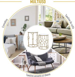 Set di 2 tavolini da caffè dal design elegante con motivi circolari, metallo e vetro temperato Φ41X57Cm & Φ36X51Cm