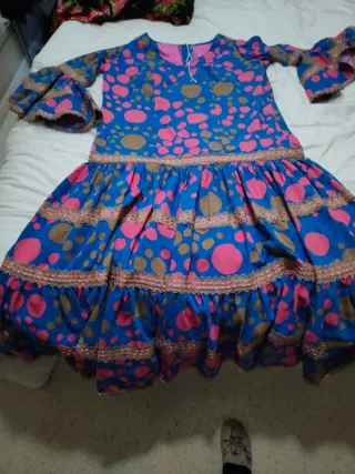 Traje Flamenca Azul Lunares Rosa Talla 50