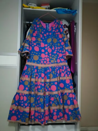 Traje Flamenca Azul Lunares Rosa Talla 50