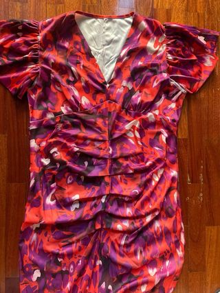 Vestido midi estampado naranja y fucsia