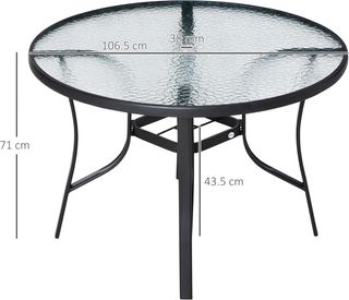 Mesa de Jardín Redonda con Agujero para Sombrilla, Mesa de Exterior de Acero y Vidrio Ф106.5Cm, Negra