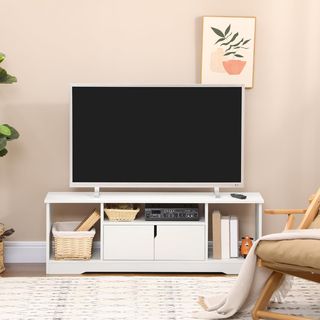 Mobile porta TV fino a 42'' con armadio e ripiani aperti, mobile TV per soggiorno e salotto in legno, 120X30X41Cm, bianco