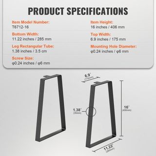 Gambe per tavolo in acciaio trapezoidale da 406,4 mm, set di 2 gambe mobili di ricambio per tavolini fai-da-te, scrivanie moderne, panche, comodini, divani, carico max 181,4 kg, piedi...