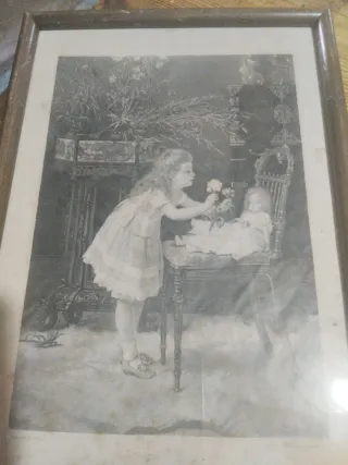 Cuadro antiguo niña con muñeca