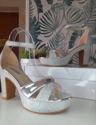 Sandalias plateadas tacón plataforma talla 36