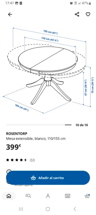 Mesa redonda extensible Ikea blanco