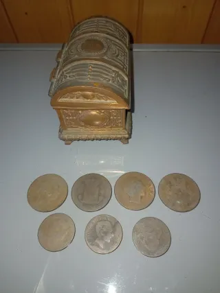 Cofre joyero cobre y monedas Alfonso XII
