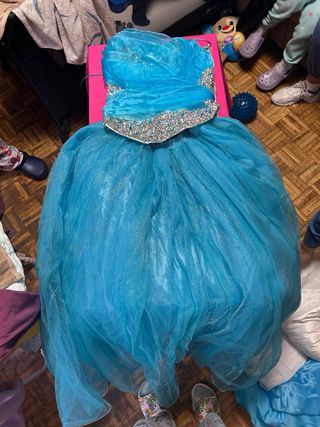 Vestido de Quinceañera Azul turquesa y Plateado