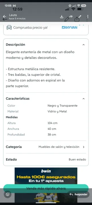 Estantería metálica negra 3 baldas