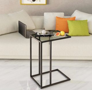Tavolo ausiliario in cristallo e metallo nero