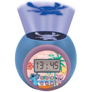 LEXIBOOK, Disney Stitch, Reloj Despertador proyector con función de repetición y Alarma, Luz Nocturna con Temporizador, Pantalla LCD, Funciona con Pilas, Azul, RL977DLXB