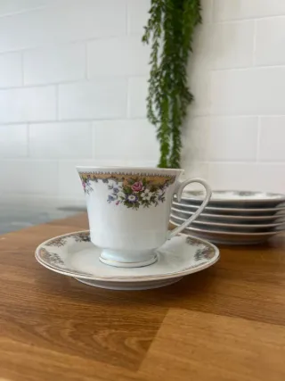 Juego 6 Tazas y Platos Porcelana Flores