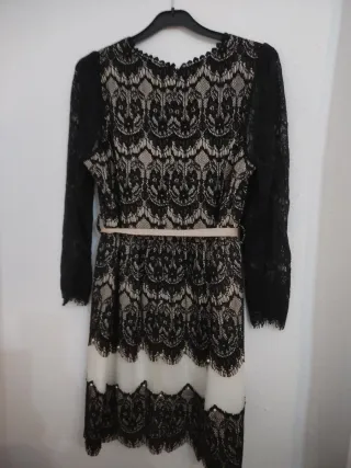 Vestido fiesta encaje crudo-negro y perlas