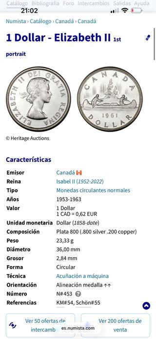Moneda Canadá 1 Dólar 23,33gr plata 800