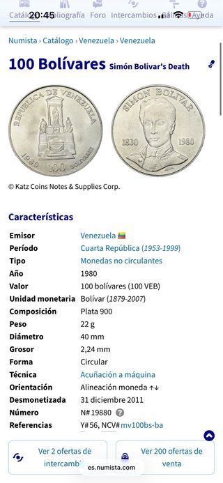 Moneda 100 Bolívares Plata 900 22gr