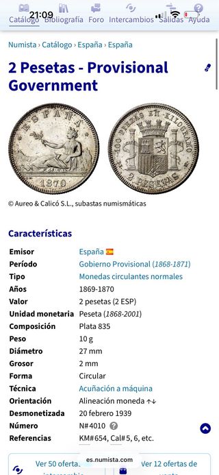Moneda 2 Pesetas 1870 Plata 835 10gr