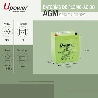 U\-Power Batería AGM 12V 5Ah Sellada Recargable – Plomo\-Ácido VRLA para Alarmas, SAI/UPS, Seguridad, Juguetes Eléctricos y Más – Terminal Faston F1 \(4.8 mm\)