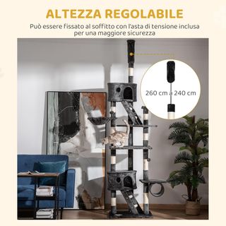 Grattatoio per Gatti da Soffitto con Altezza Regolabile 240-260 Cm, Albero per Gatti Multilivello con Lettini, Amache e Scale, Corde di Sisal, Grigio