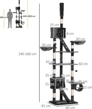 Grattatoio per Gatti da Soffitto con Altezza Regolabile 240-260 Cm, Albero per Gatti Multilivello con Lettini, Amache e Scale, Corde di Sisal, Grigio