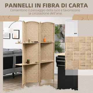 Paravento pieghevole a 4 ante, 160x170 cm, divisorio autoportante con ripiani in carta e legno di pino per casa, soggiorno e ufficio, colore naturale