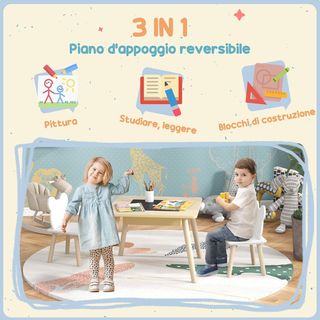 Set Tavolo e 2 Sedie per Bambini 3-6 Anni, Tavolo 3 in 1 con Lavagna Rimovibile, Scomparto di Stoccaggio e Sedie con Schienale Orsetto, per Camera dei Bambini e Sala...